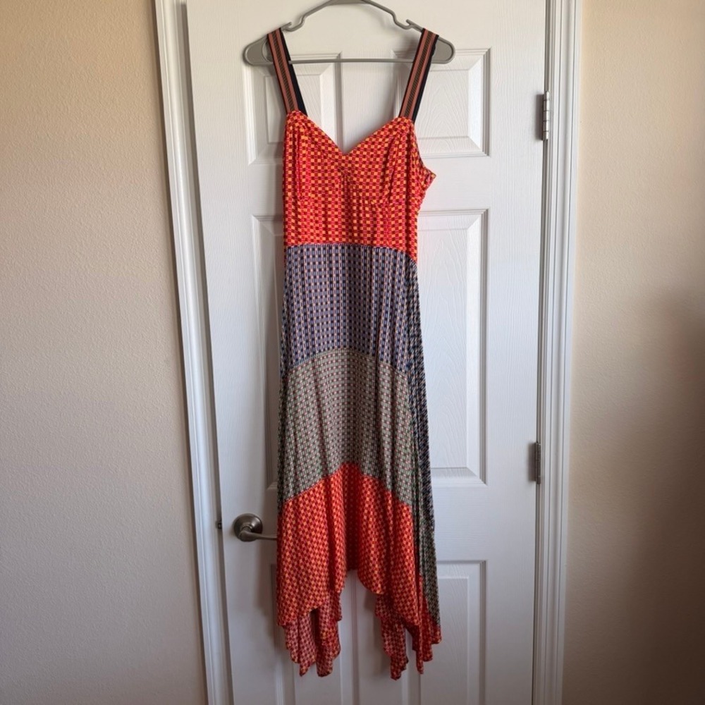 Maeve by Anthropologie Mixed Geometric Handkerchief Hem Midi Dress Womens 10